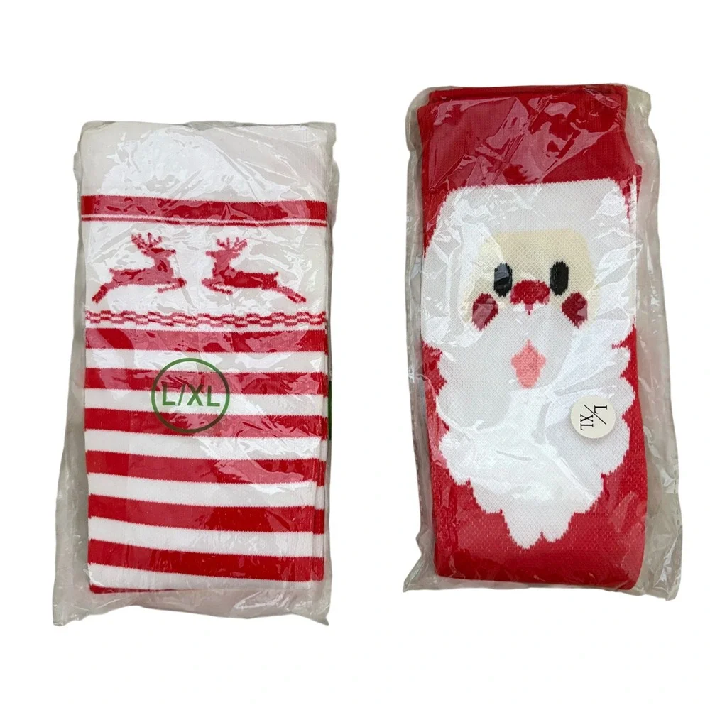 Set of 2 Christmas Holiday Socks Santa Claus Reindeer Striped Red White L/XL
